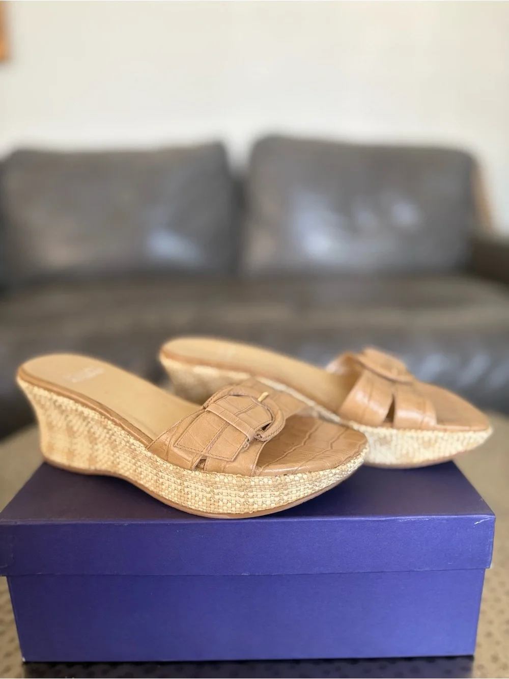 Y2K Stuart Weitzman Buckster Tan Croc Embossed Espadrille Wedge Slides Size 5.5 - Picture 2 of 9